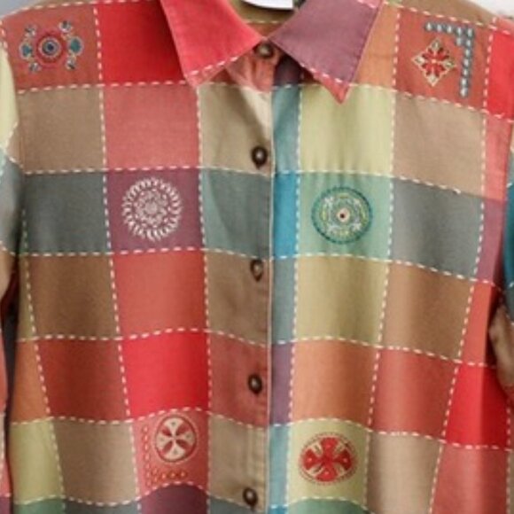Koret VTG Y2K Multicolor Patchwork Embroidered Button-Up Long Sleeve Shirt Medum - Picture 4 of 4